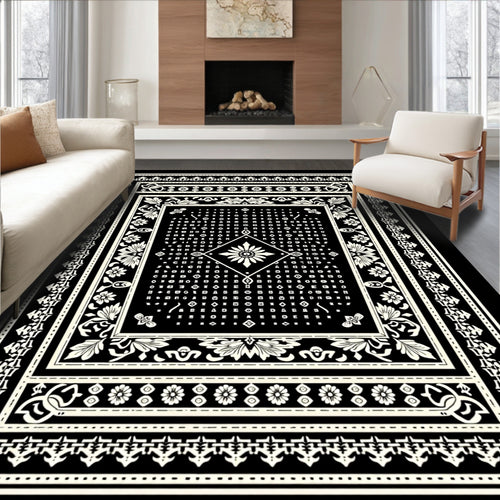 Black Geometric Floral Medallion Border Rug