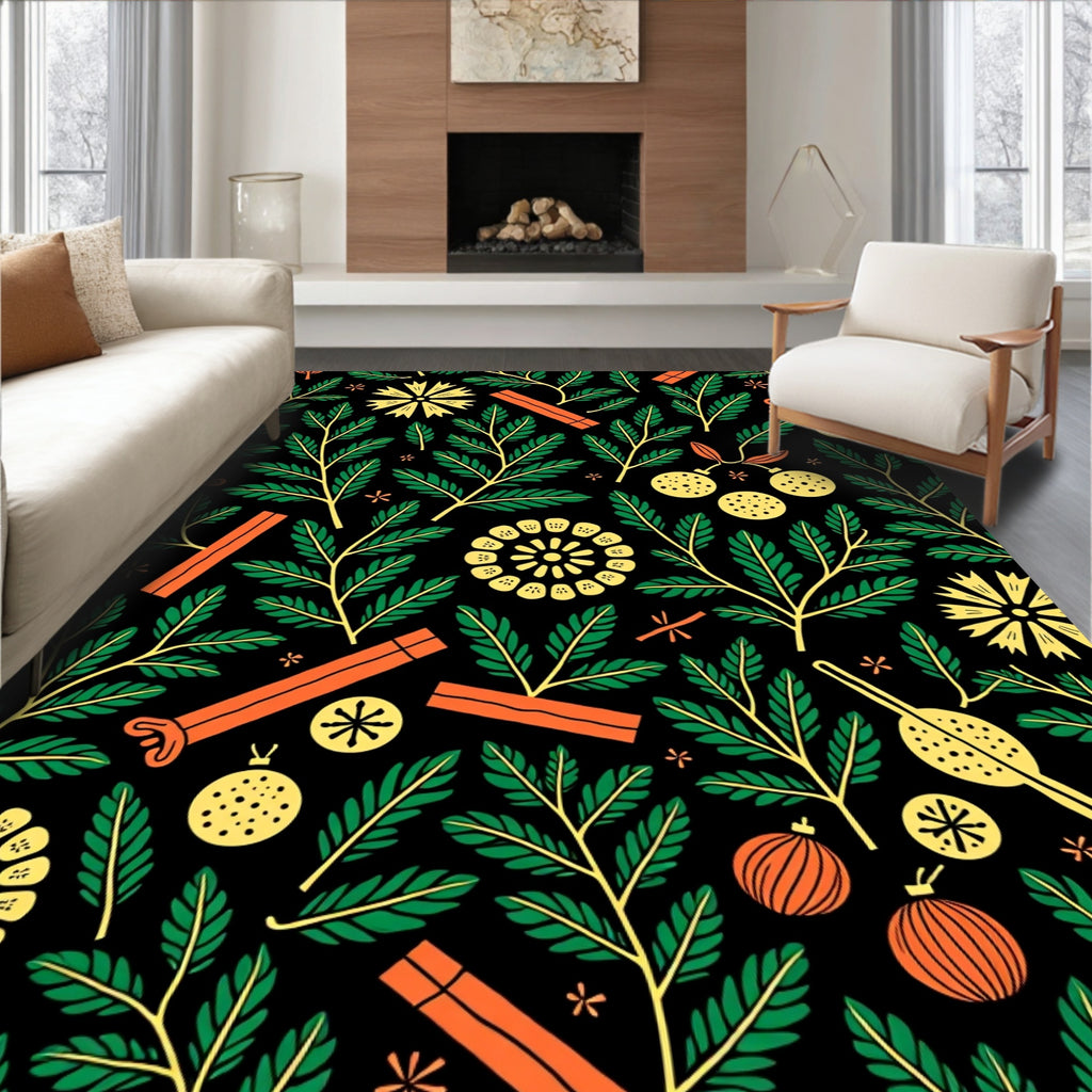 Bold Orange Green Foliage Medallion Rug
