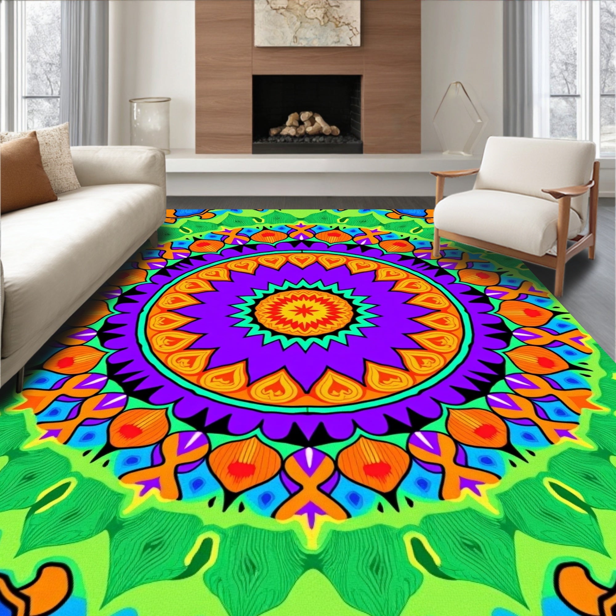 Vibrant Purple Orange Green Mandala Rug
