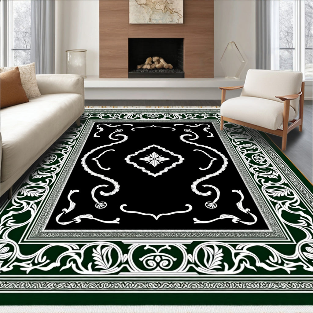 Dark Green White Floral Medallion Rug