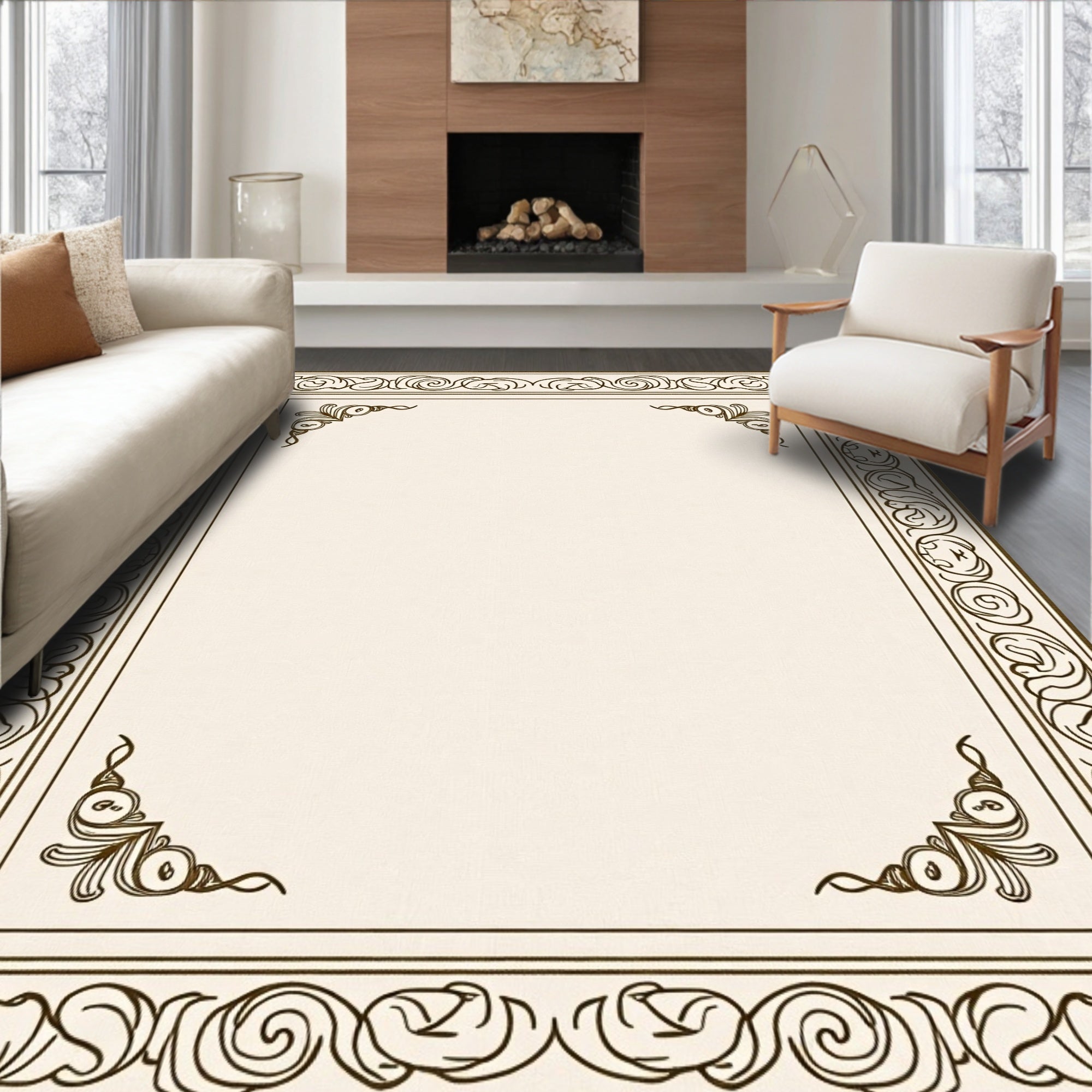 Elegant Brown Faux Scroll Border Rug