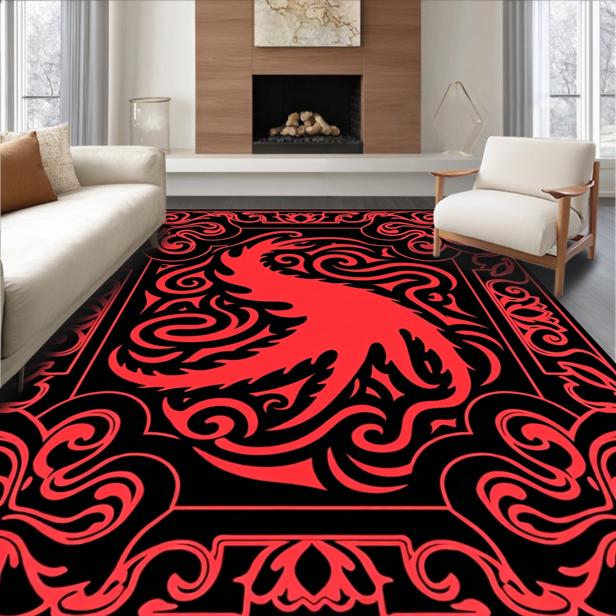 Bold Crimson Abstract Swirls Rug