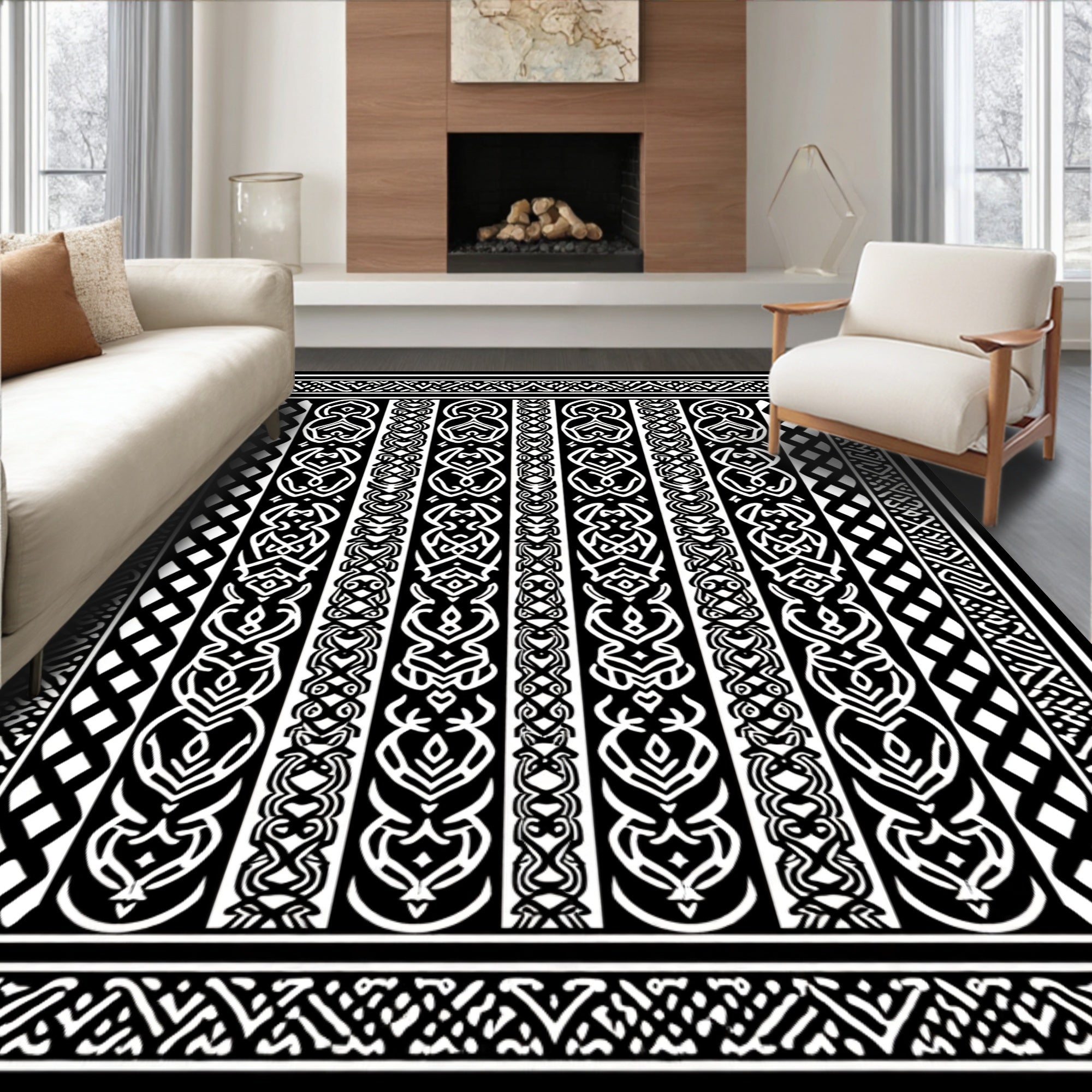 Black White Celtic Knot Border Rug