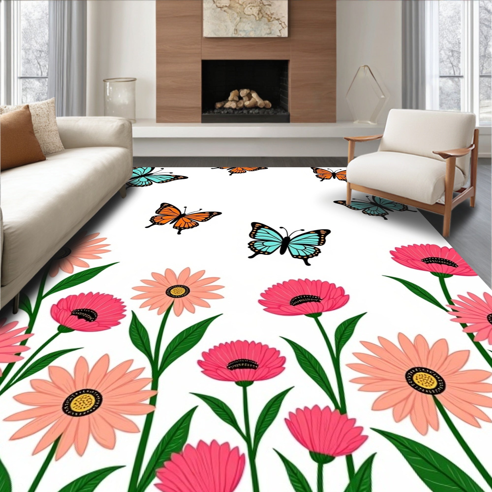 Whimsical Butterfly Floral Meadow Rug