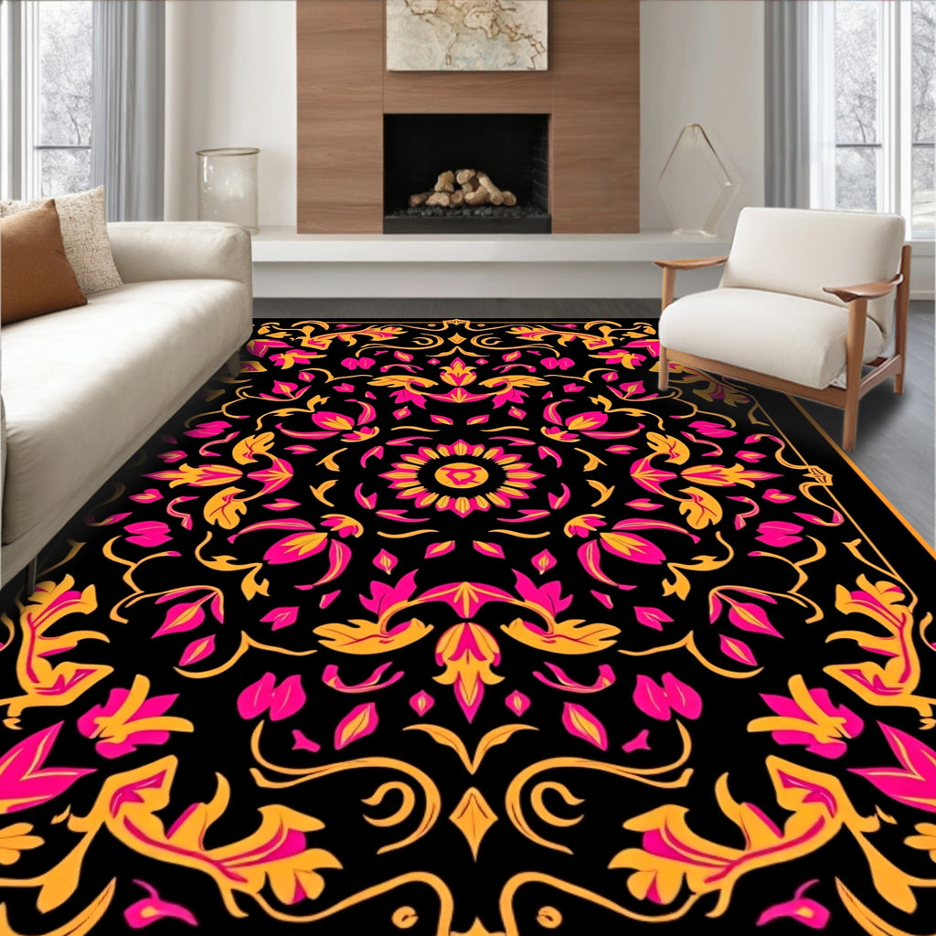 Vibrant Pink Gold Floral Scroll Rug