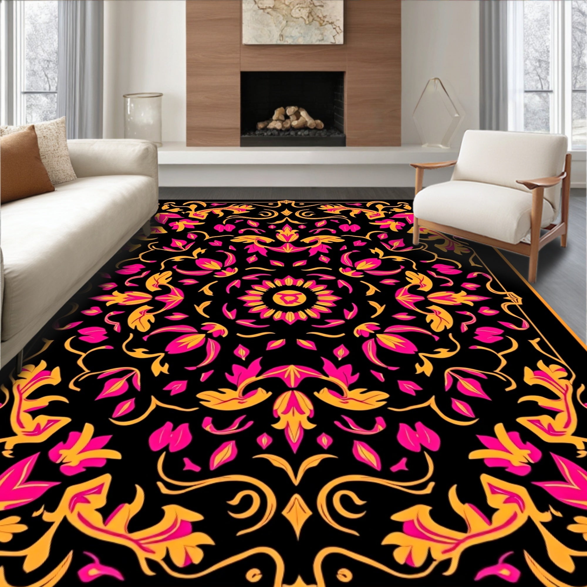 Vibrant Pink Gold Floral Scroll Rug