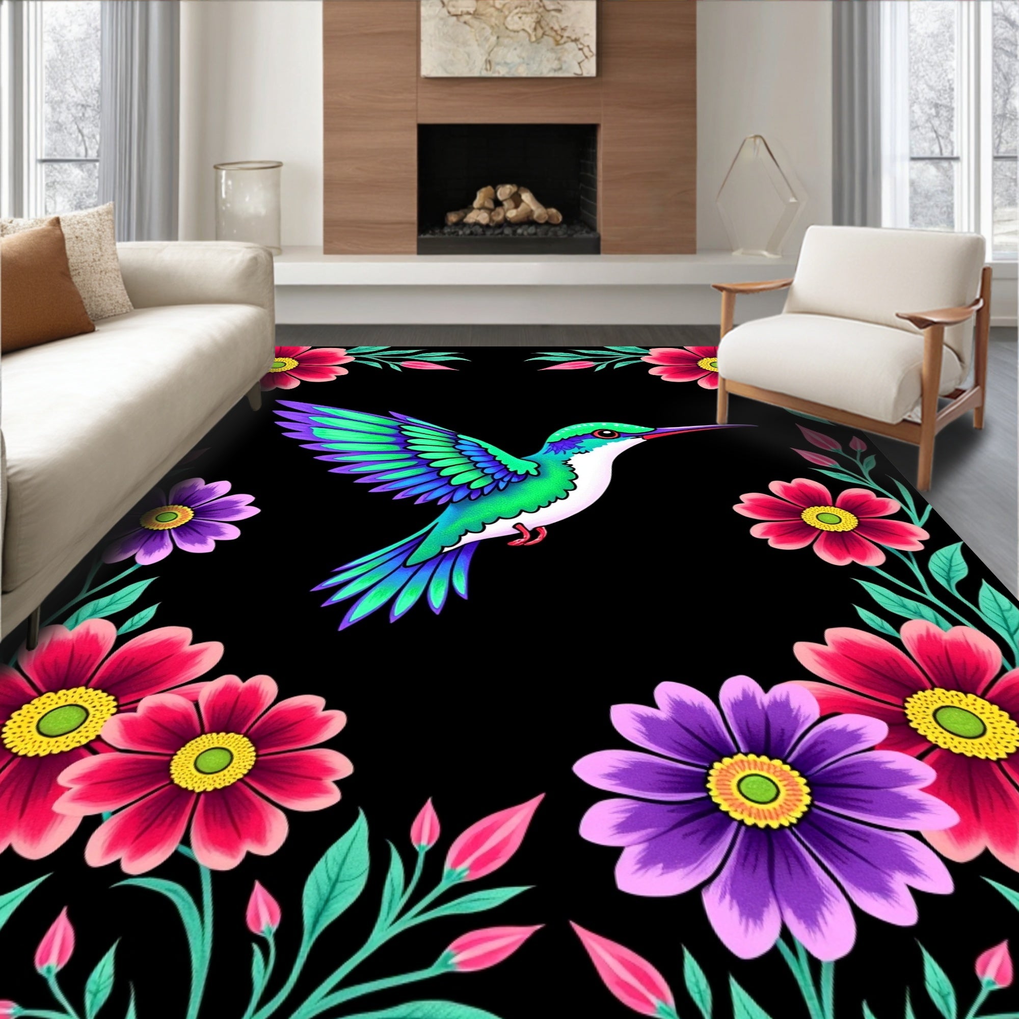 Colorful Hummingbird Floral Frame Rug