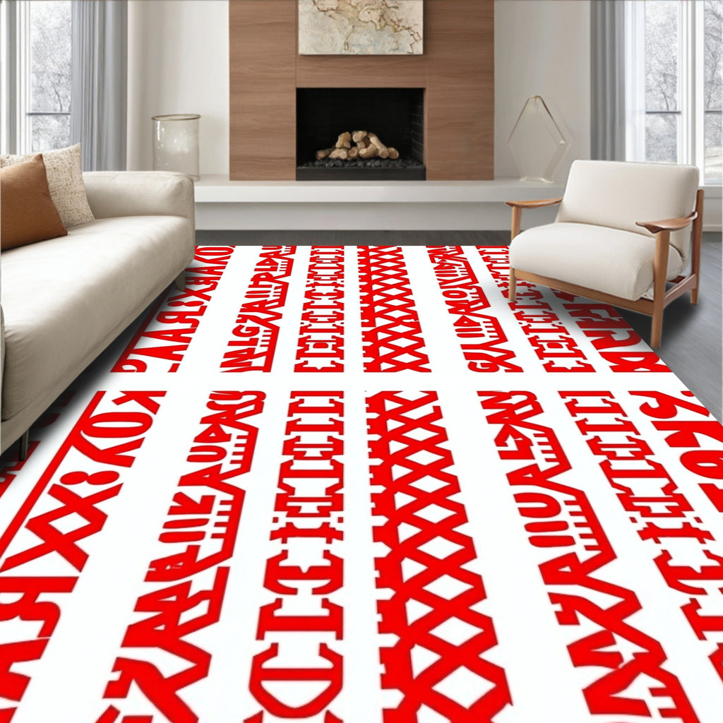 Bold Red Geometric Motif Stripe Rug