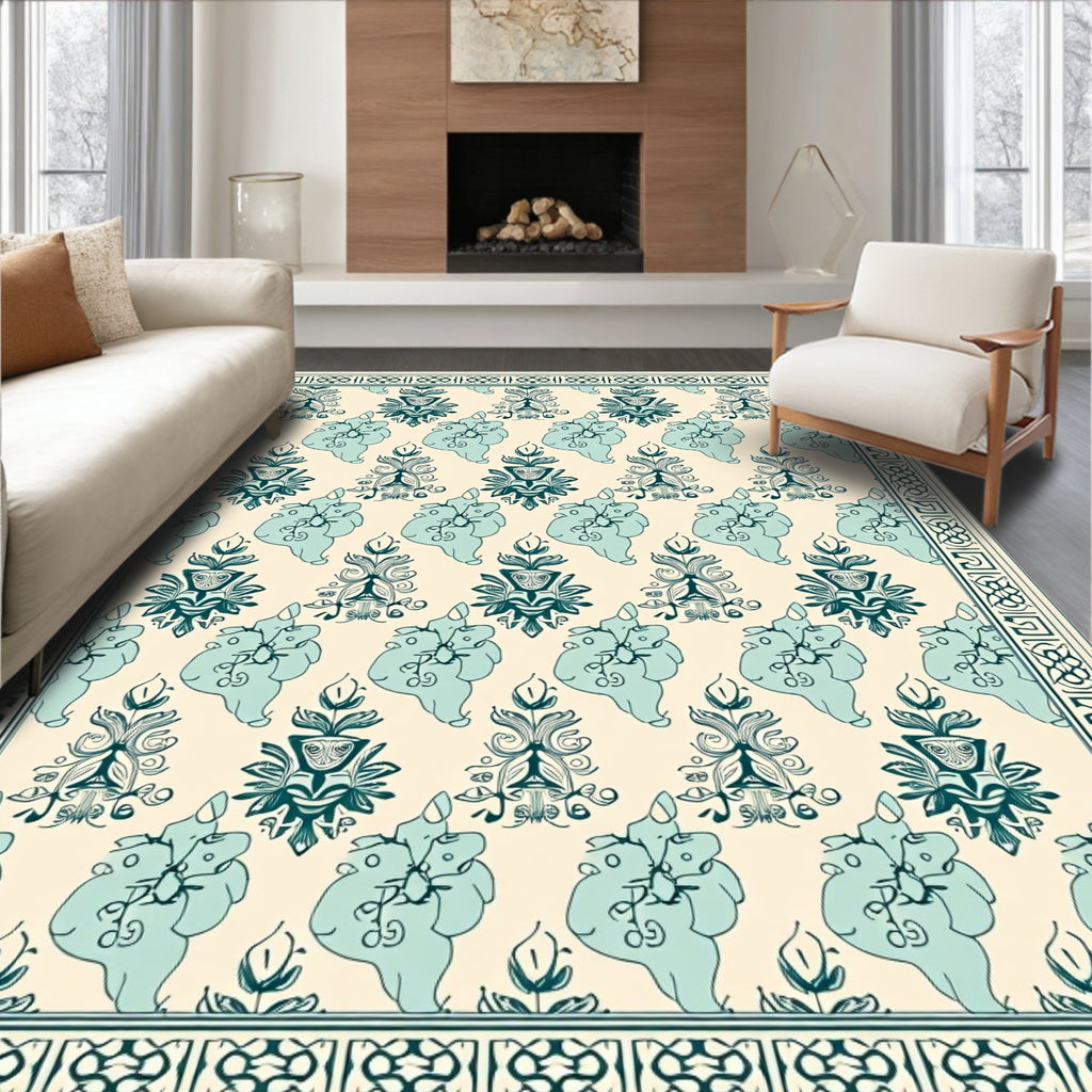 Teal Floral Cream Border Art Rug
