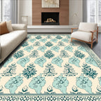 Teal Floral Cream Border Art Rug