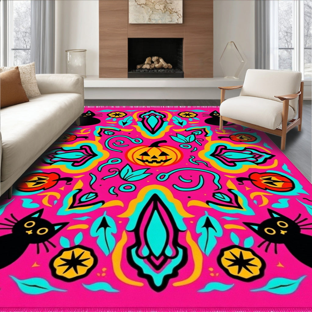 Bright Pink Halloween Black Cat Pumpkin Rug