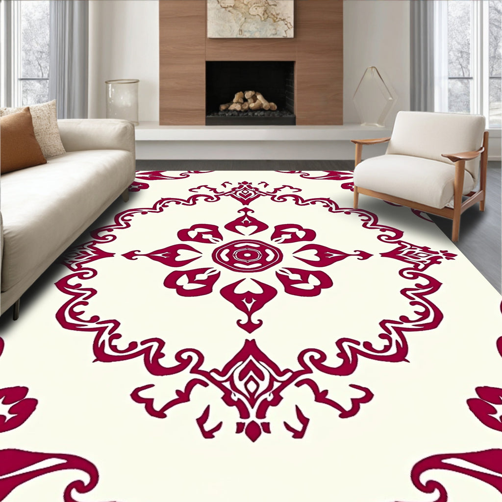 Crimson Floral Scrollwork Medallion Rug