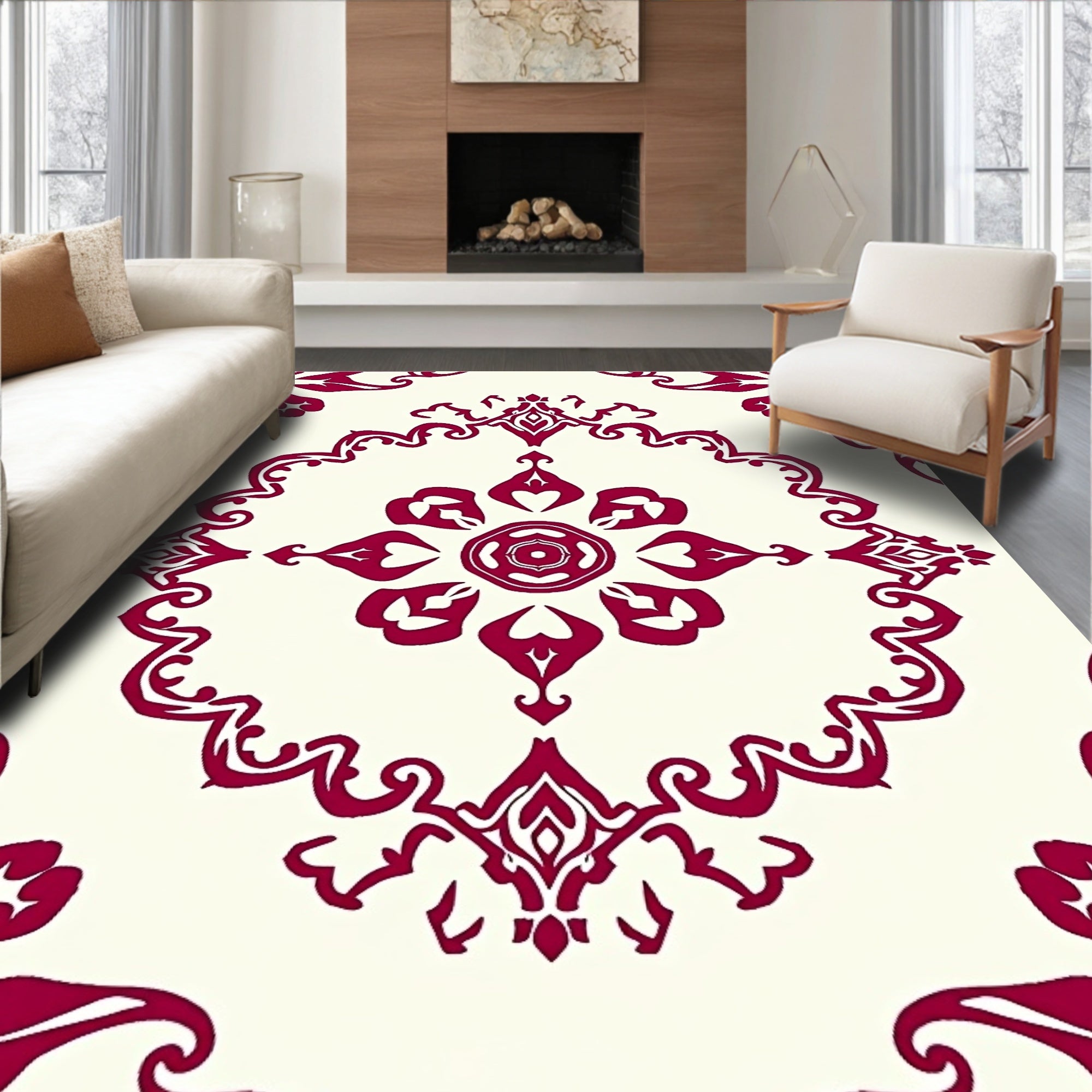 Crimson Floral Scrollwork Medallion Rug