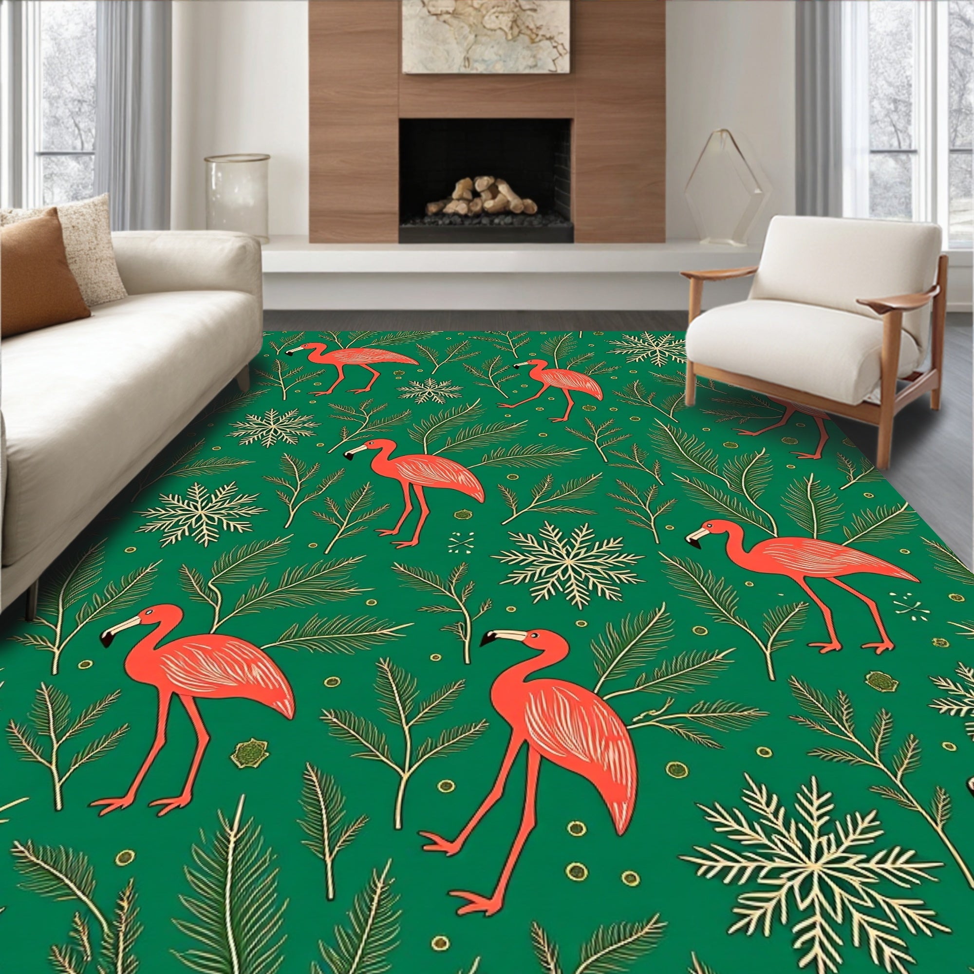 Coral Flamingo Snowflakes Emerald Background Rug