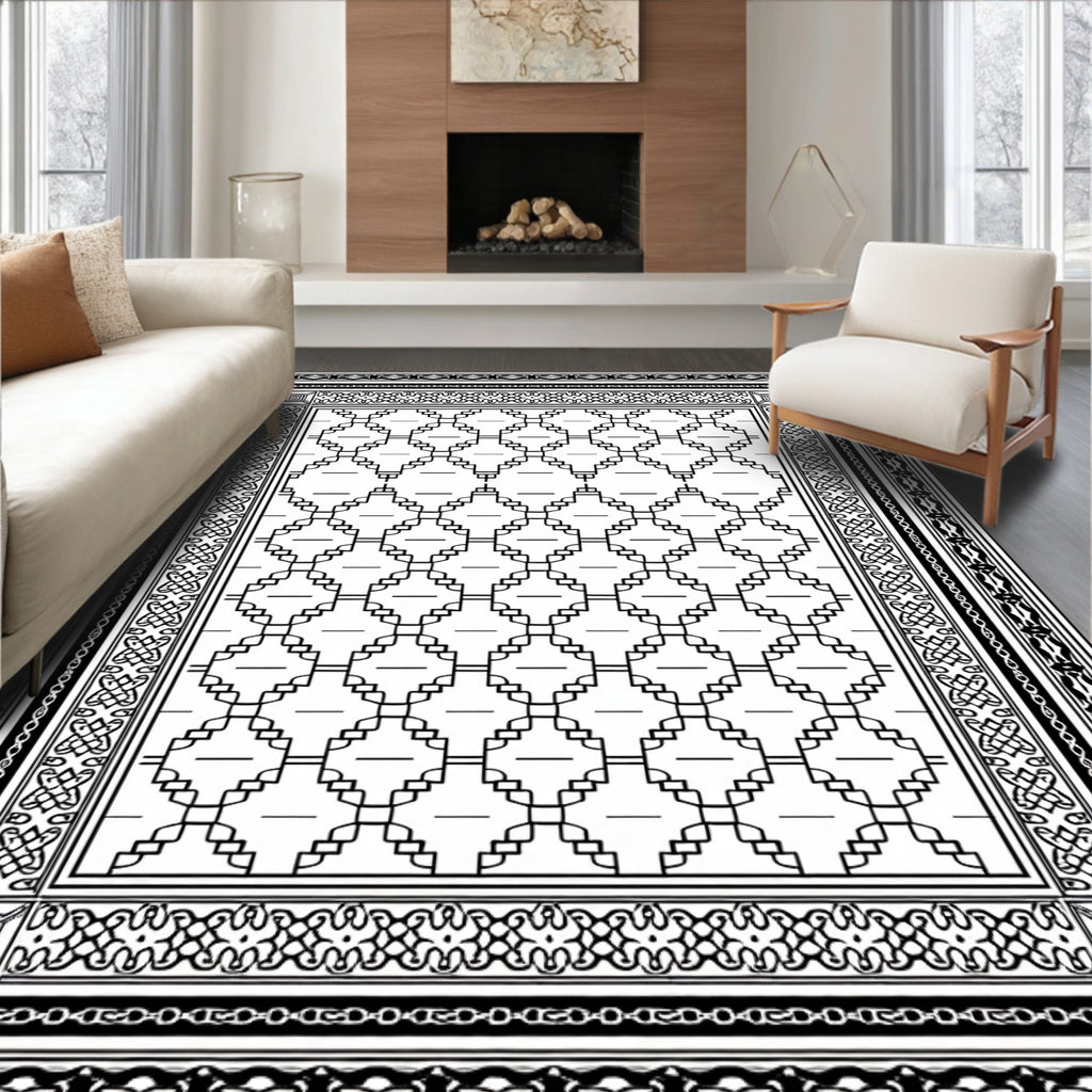 Classic Black White Diamond Lattice Frame Rug