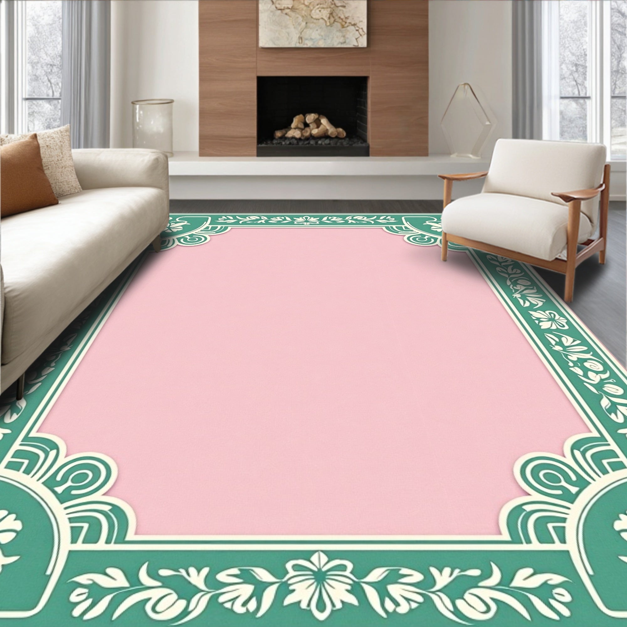 Teal Floral Medallion Pink Center Rug