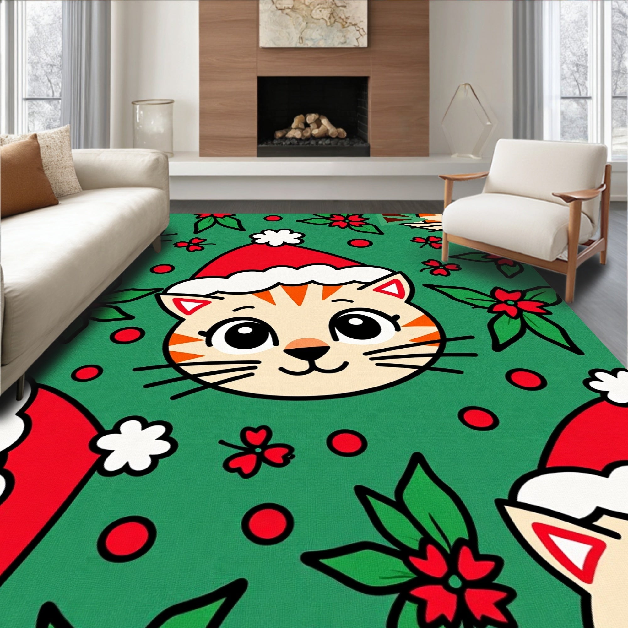 Whimsical Kitten Christmas Santa Hat Rug