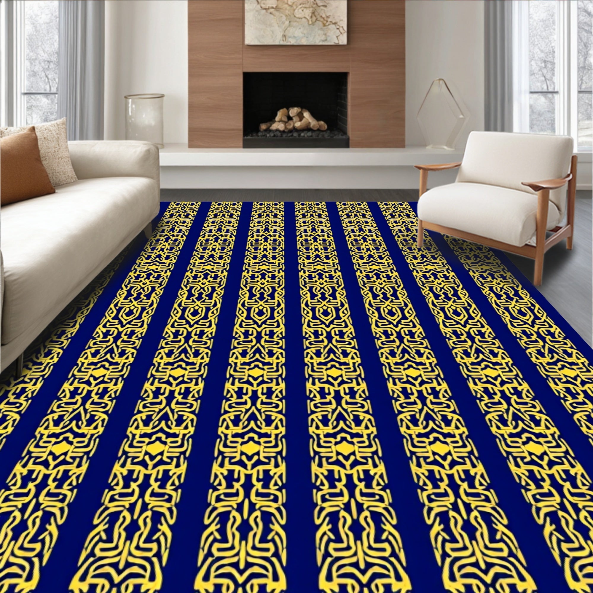 Regal Navy Golden Intricate Vertical Bands Rug