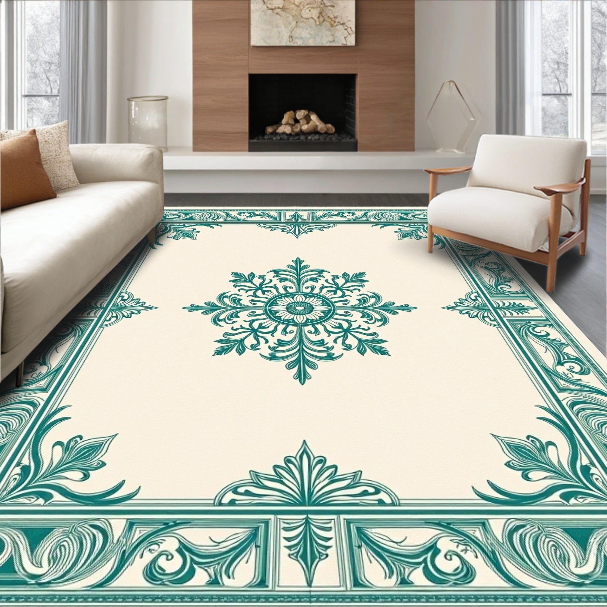 Victorian Teal Floral Square Rug