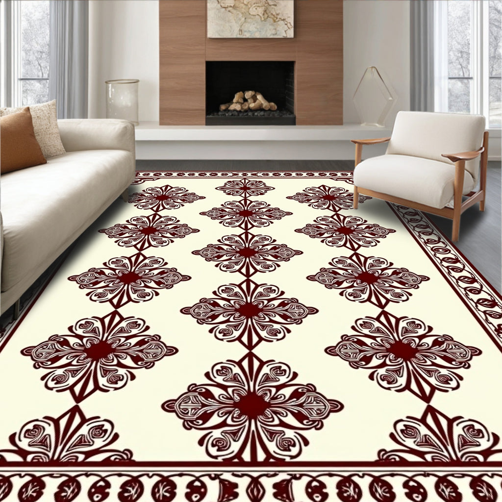 Deep Crimson Floral Lattice Medallion Rug