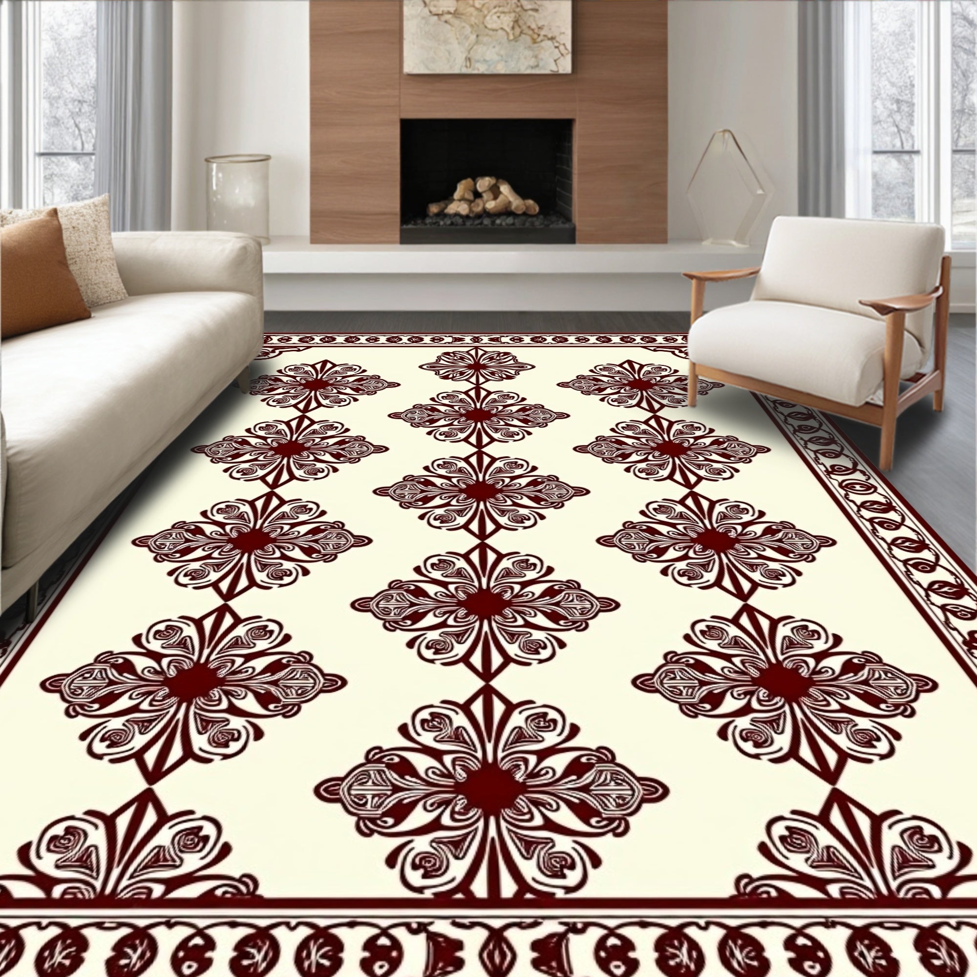 Deep Crimson Floral Lattice Medallion Rug