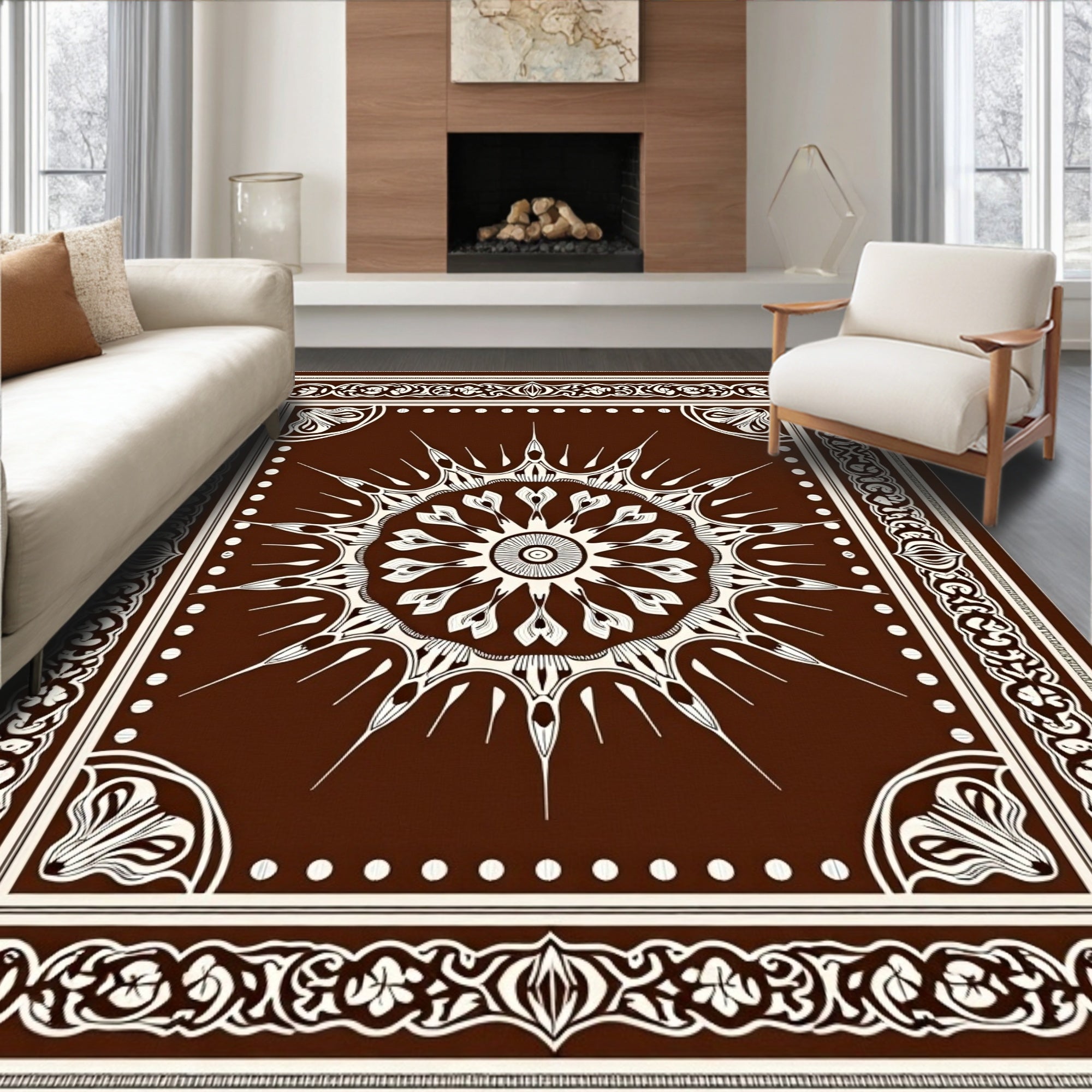 Rich Brown Sunburst Medallion Border Rug