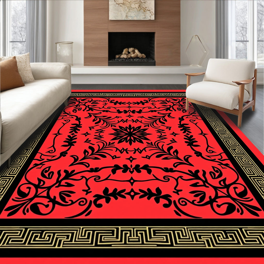 Red Black Floral Geometric Border Rug