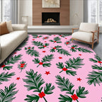 Xmas Holly Berry Stars Pink Rug