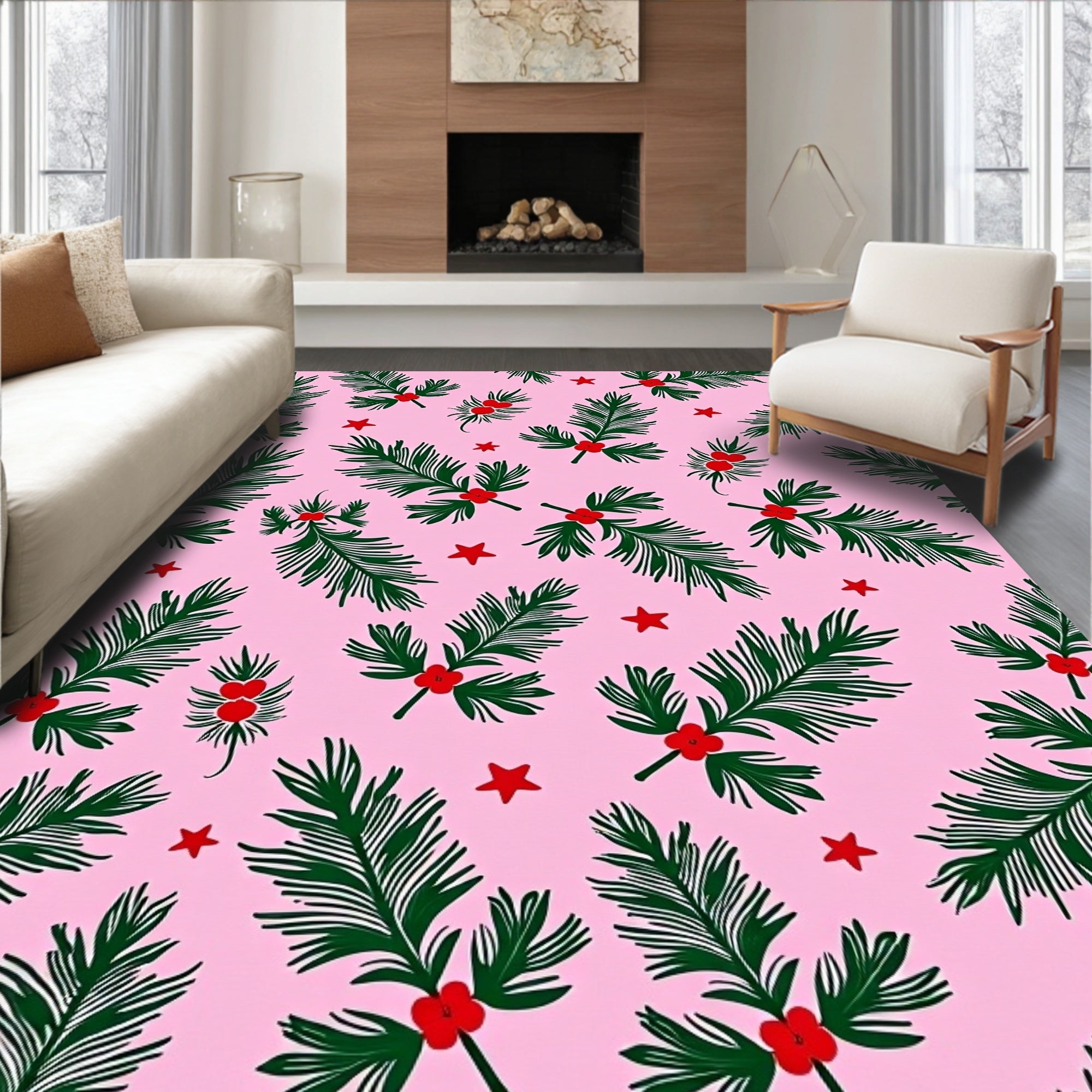 Xmas Holly Berry Stars Pink Rug