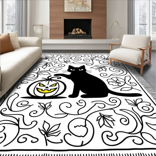 Black Cat Pumpkin Swirls Foliage Rug