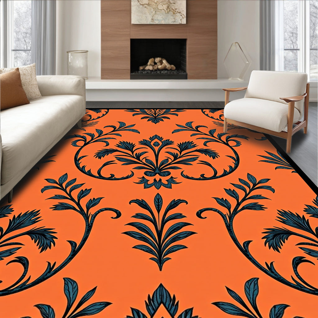 Deep Blue Floral Damask Orange Rug