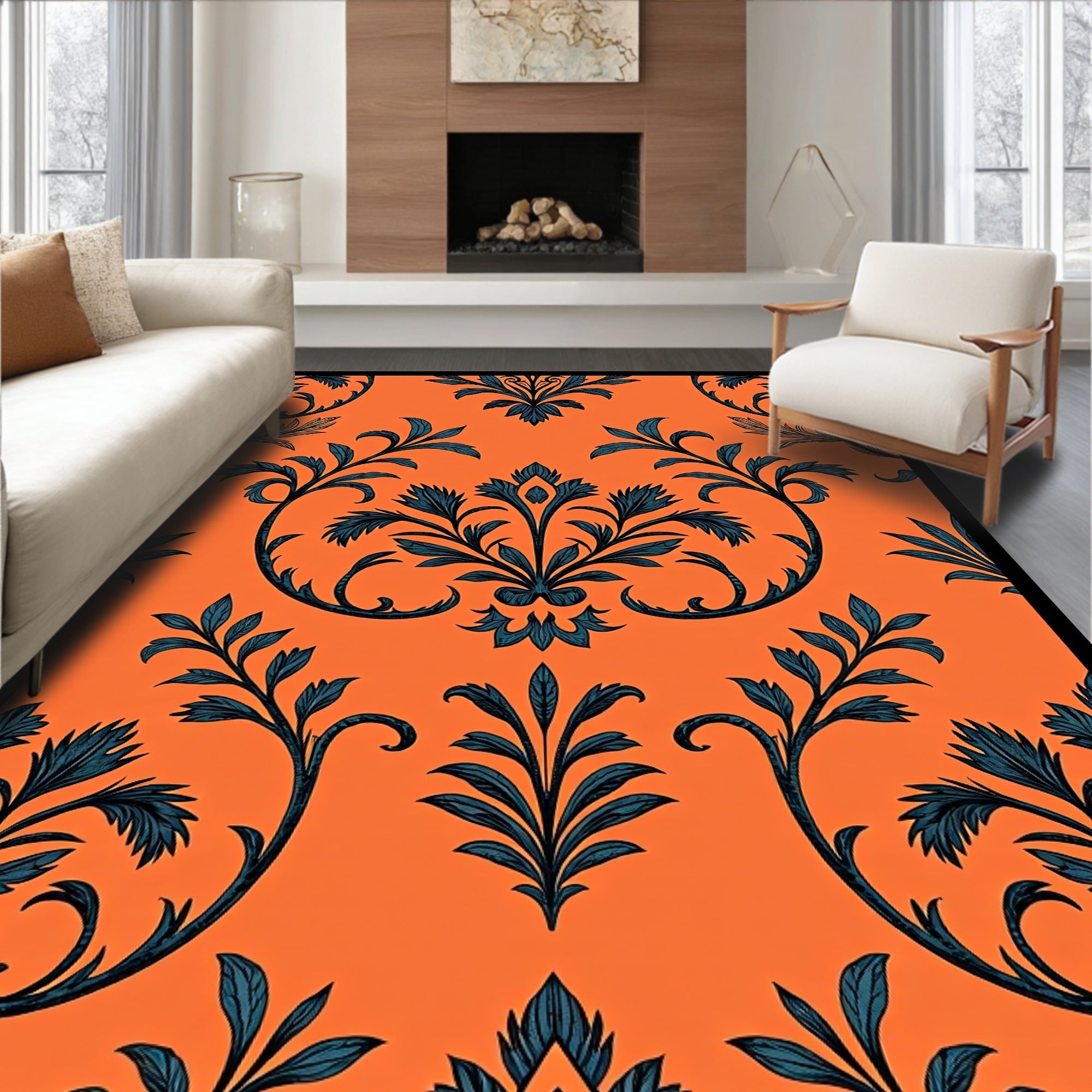Deep Blue Floral Damask Orange Rug