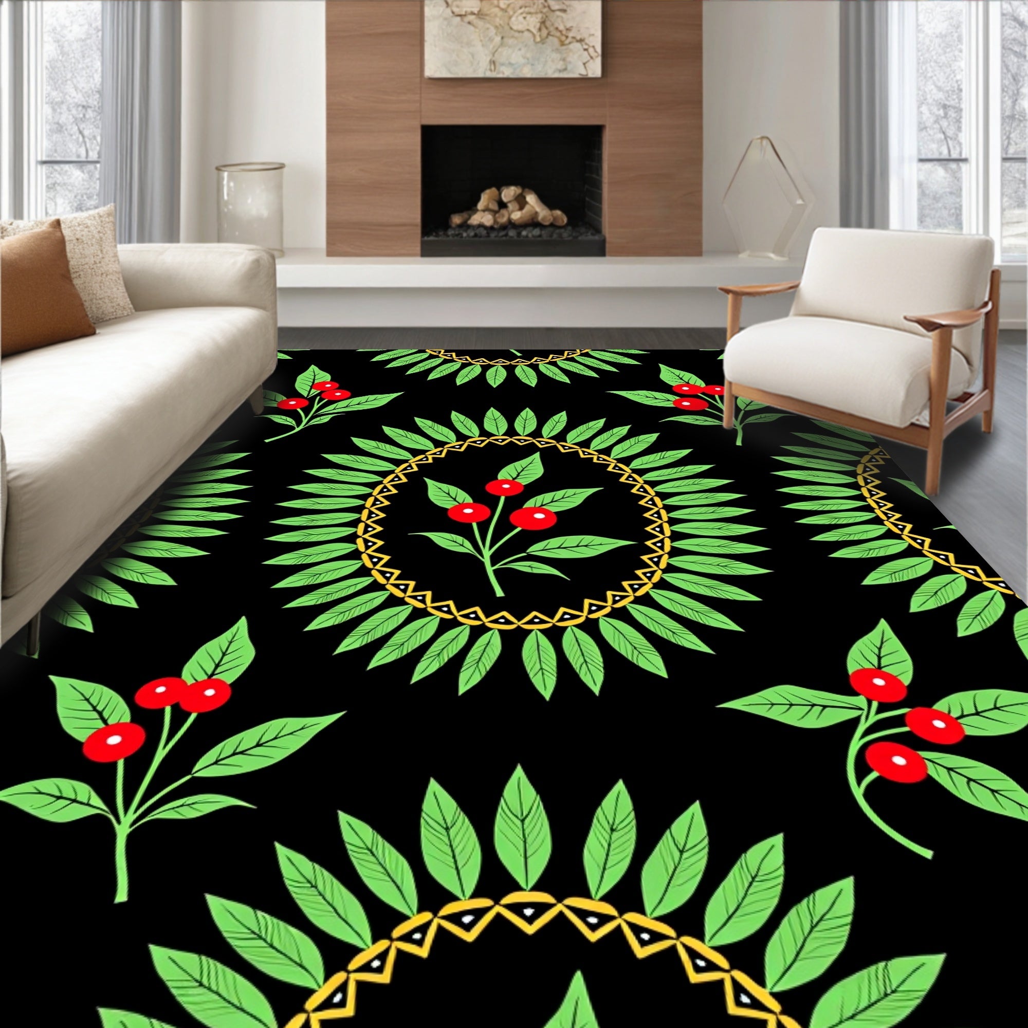 Green Leaf Red Berry Wreath Rug