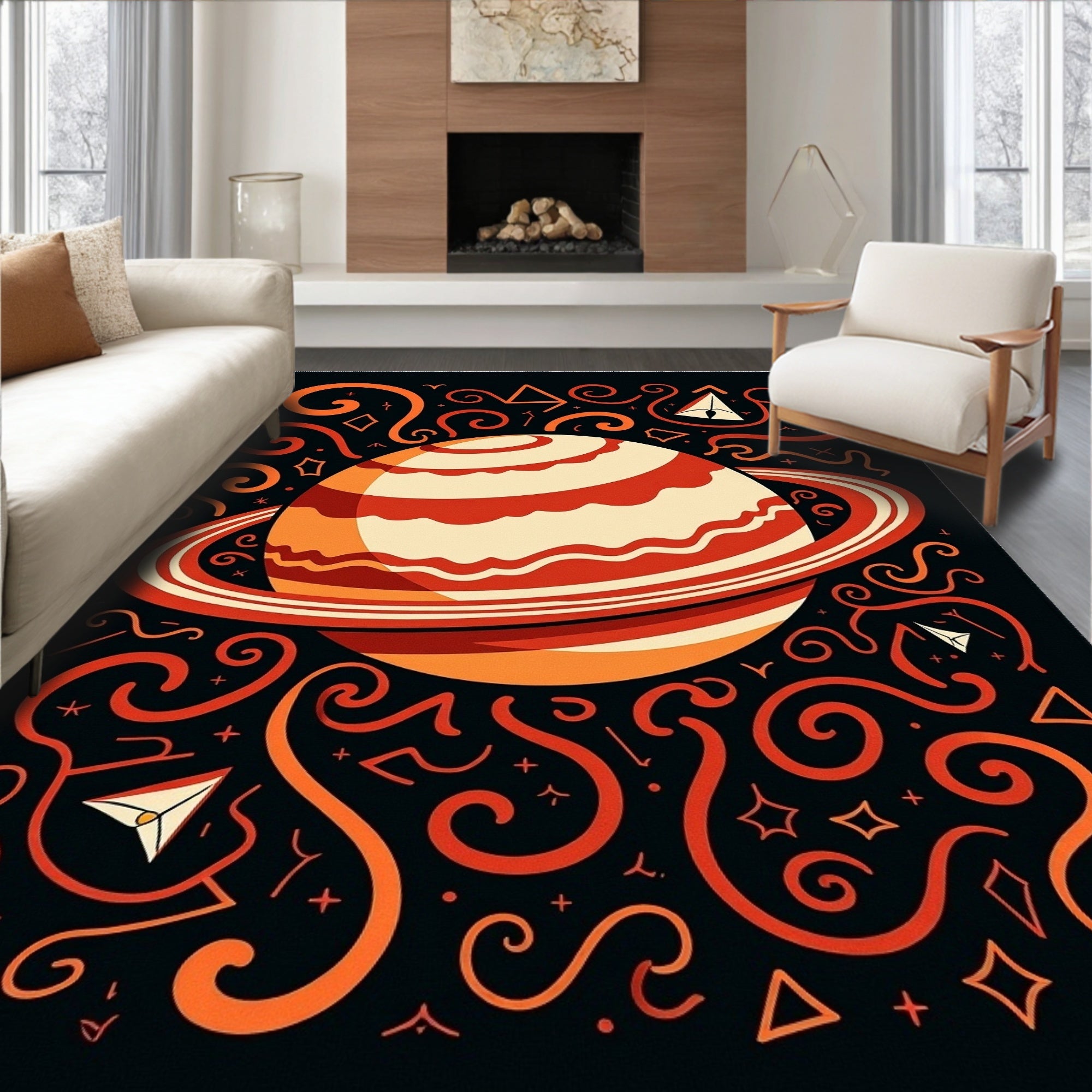 Crimson Planet Swirls Cosmic Rug