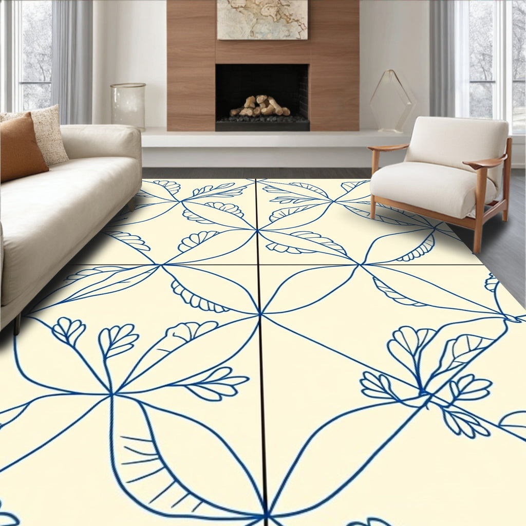 Cream Blue Botanical Petal Arrangement Rug