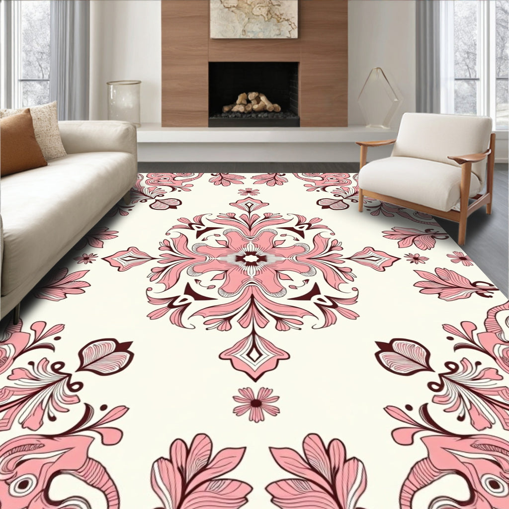 Baroque Pink Floral Swirl Illustration Rug