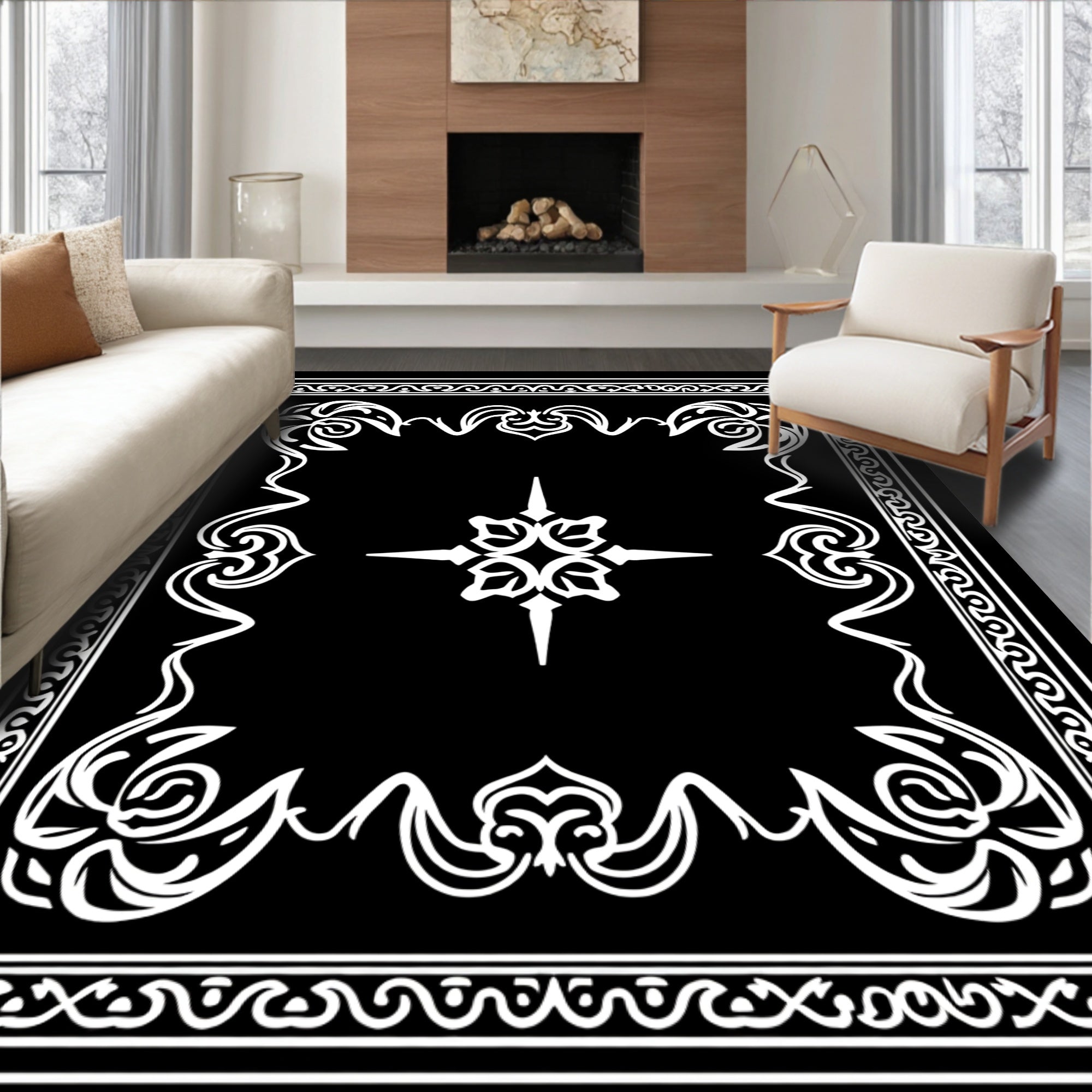 Black White Elegant Filigree Scroll Rug