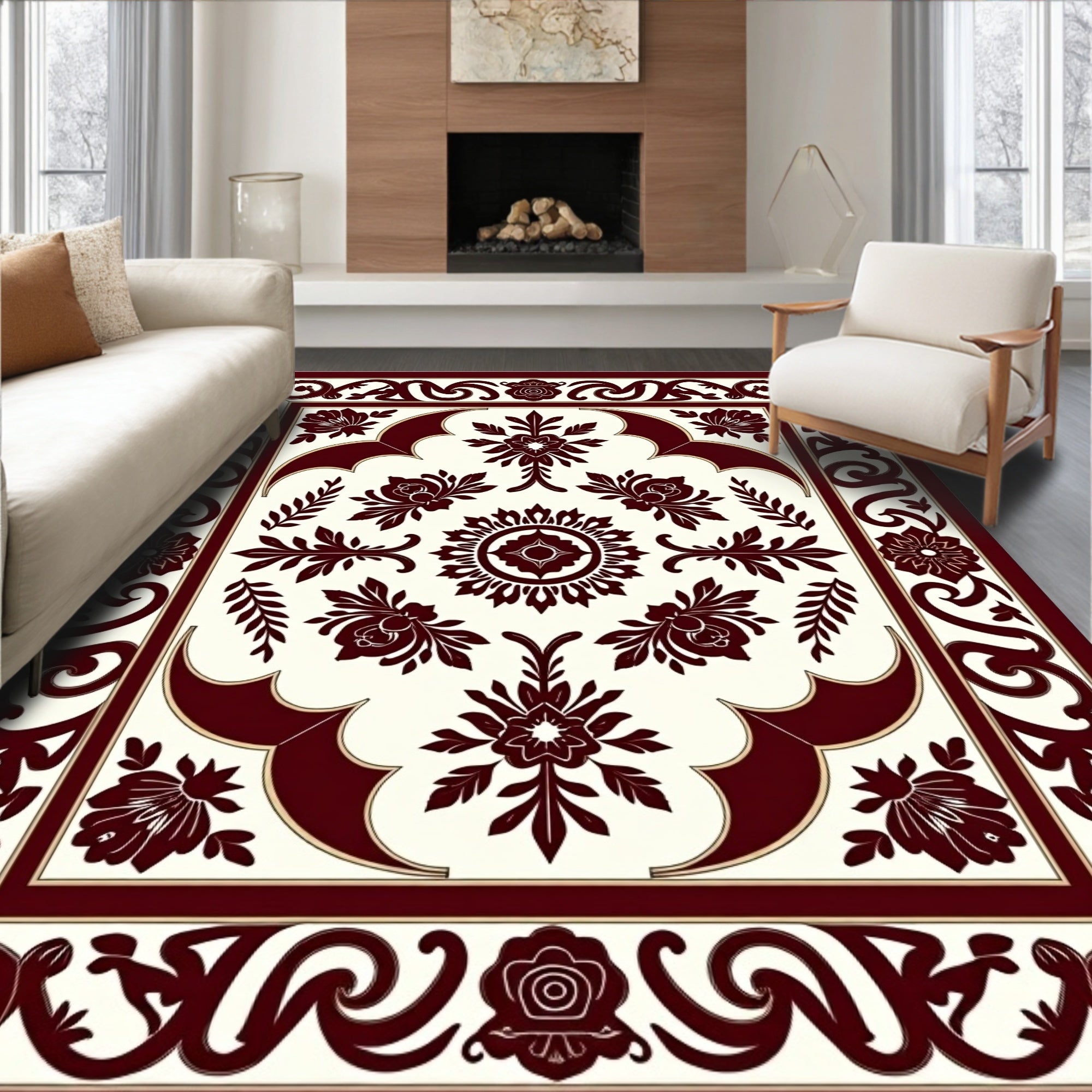 Ornate Crimson Floral Border Accents Rug