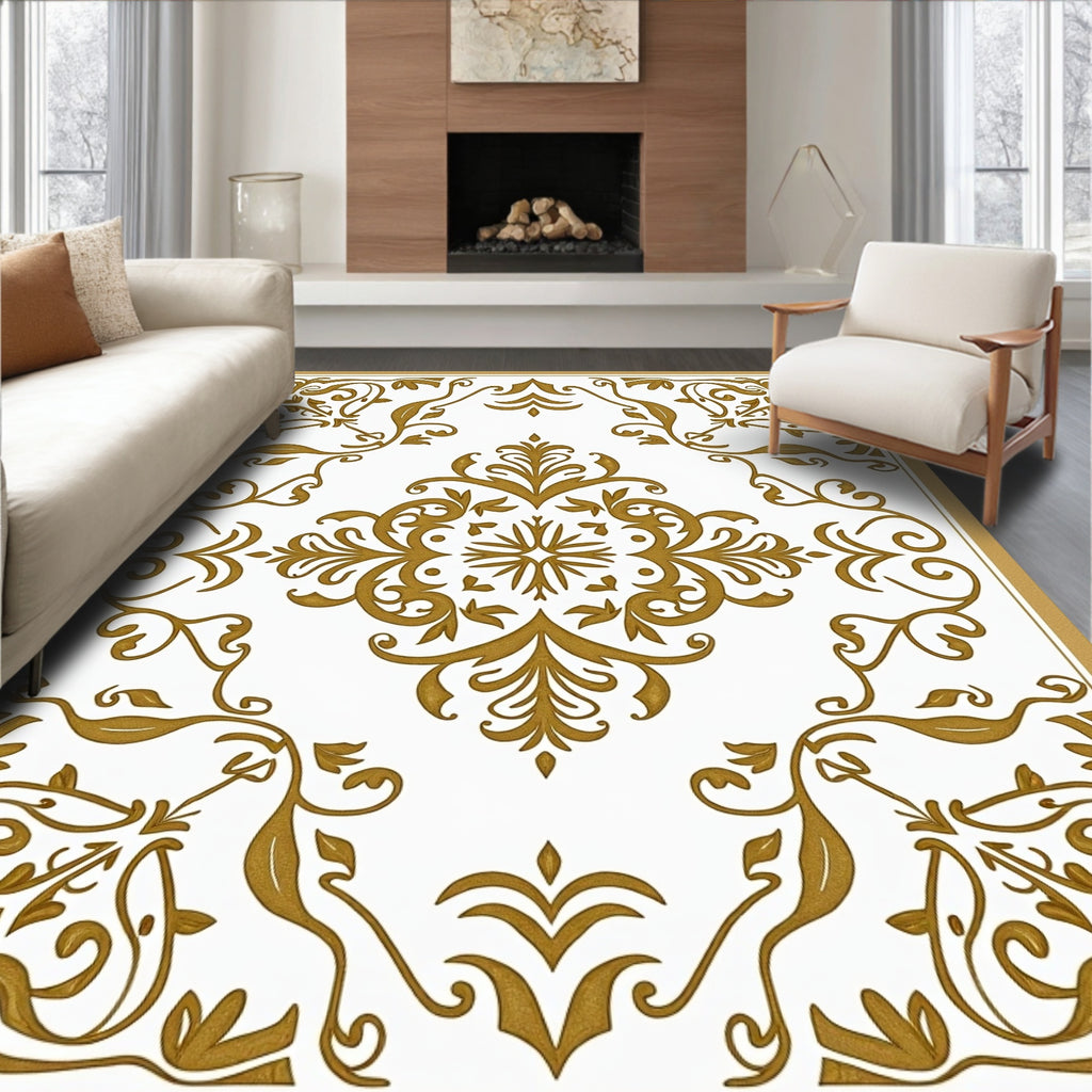 Elegant Gold Floral Scroll Centerpiece Rug