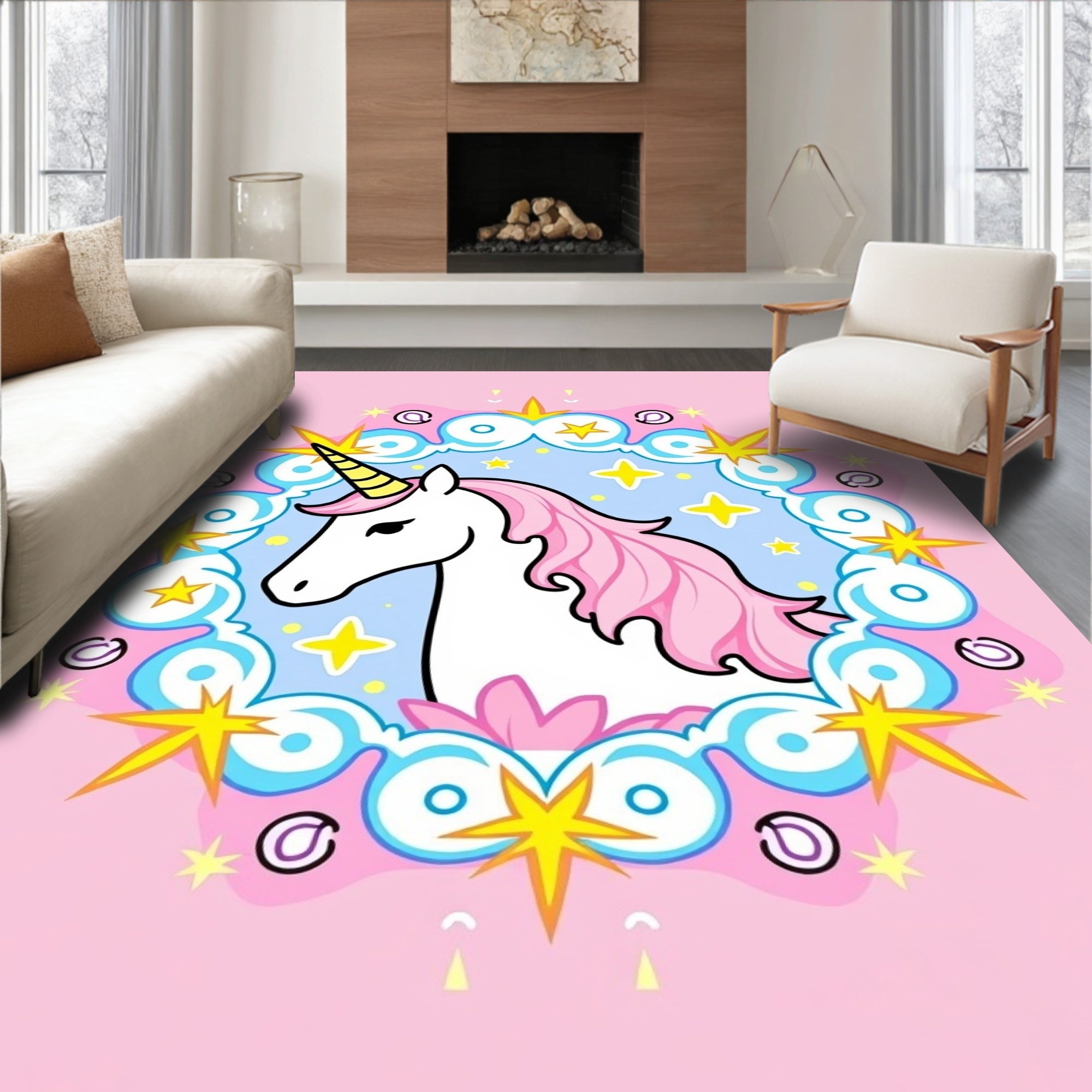 Whimsical Pink Unicorn Starry Clouds Rug