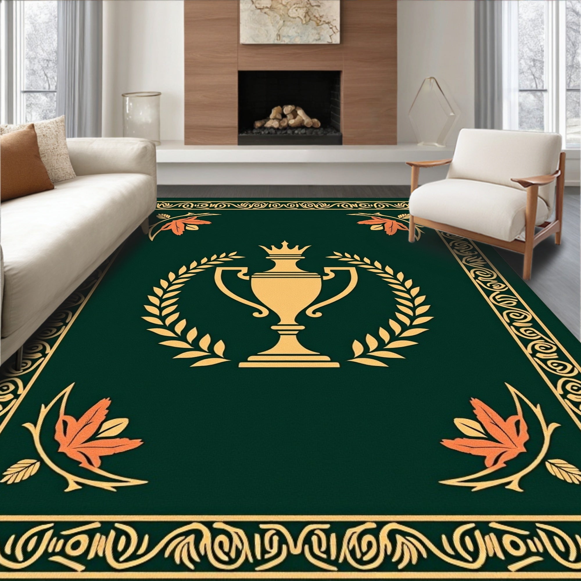 Gold Trophy Laurel Wreath Russet Leaves Rug