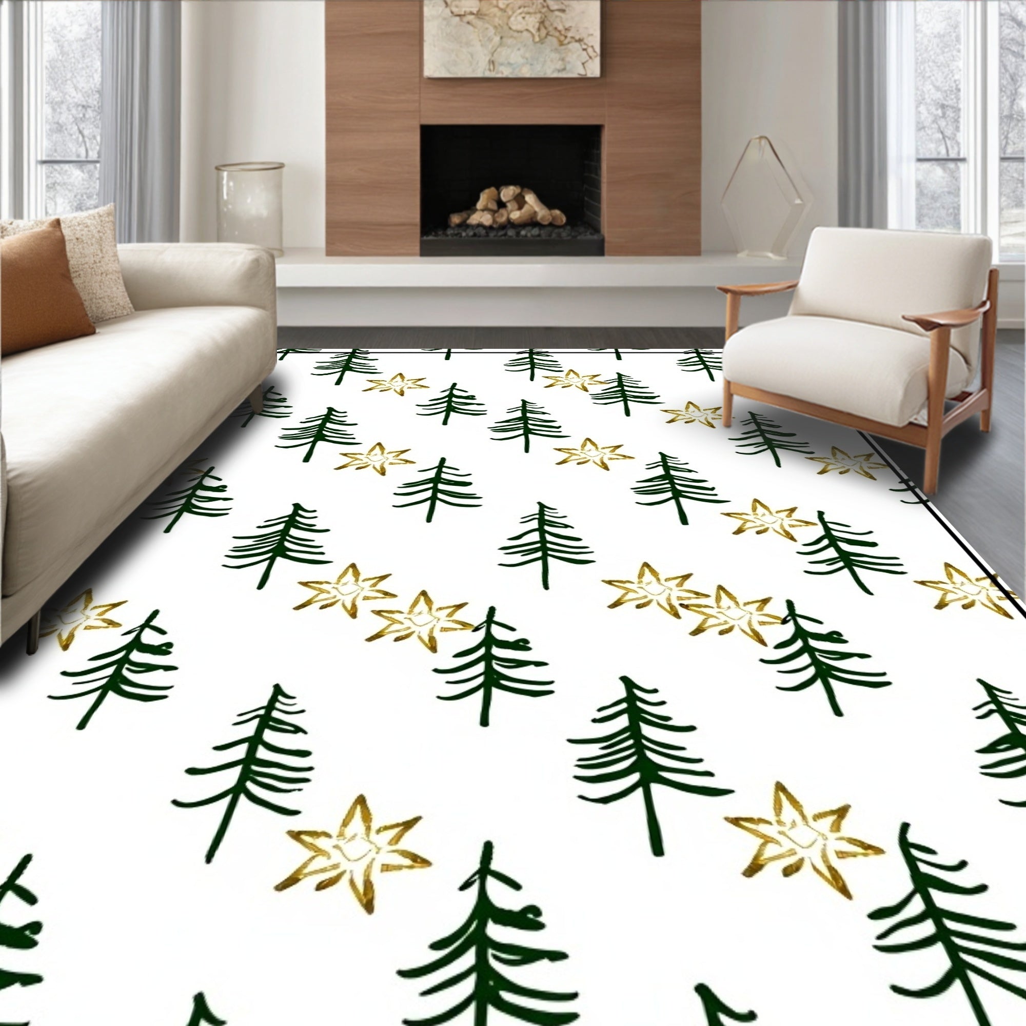 Forest Green Pine Trees Gold Stars Rug
