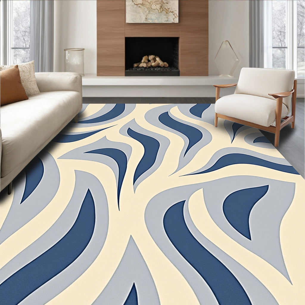 Abstract Blue Cream Flowing Waves Rug