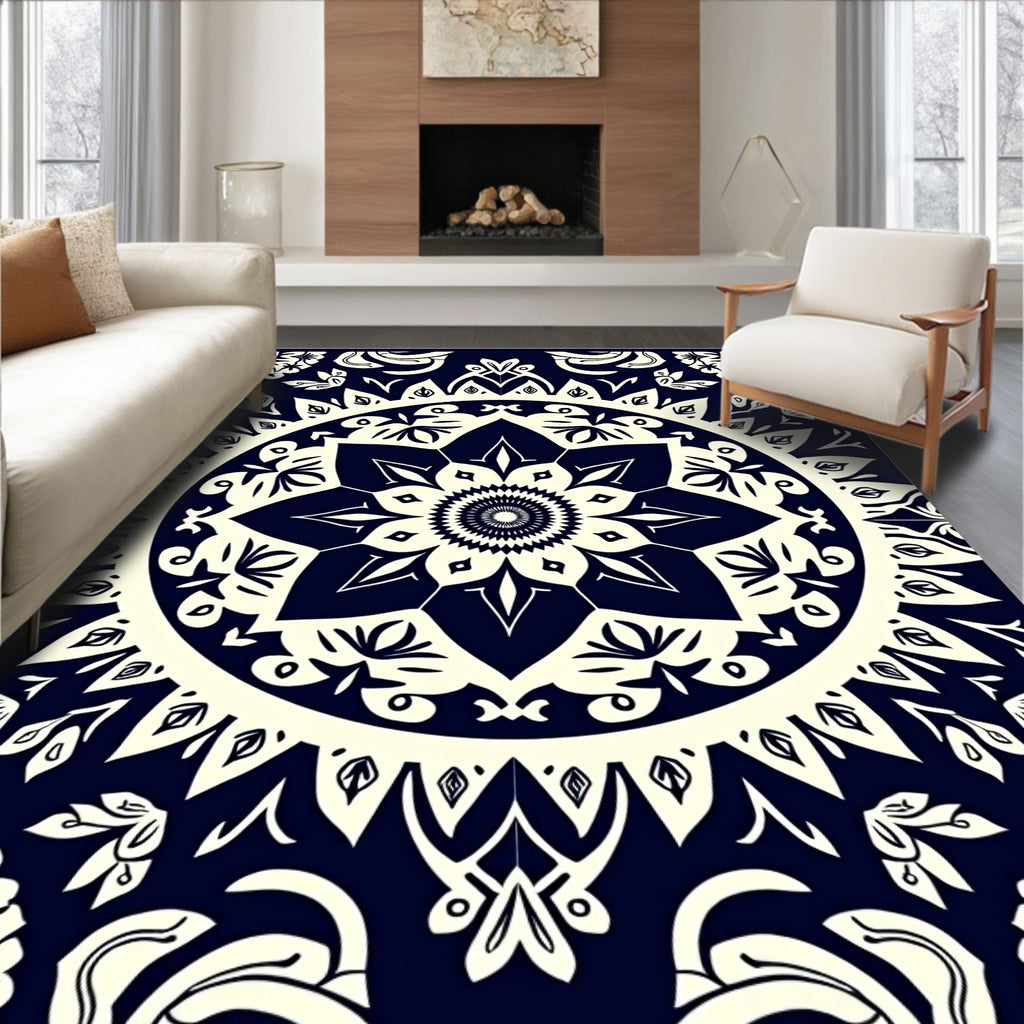 Deep Navy Ivory Mandala Bloom Rug