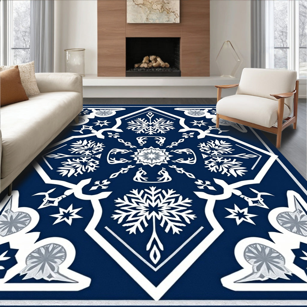 Midnight Blue Snowflake Mandala Art Rug