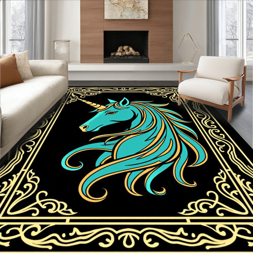 Aqua Unicorn Regal Gold Ornate Frame Rug