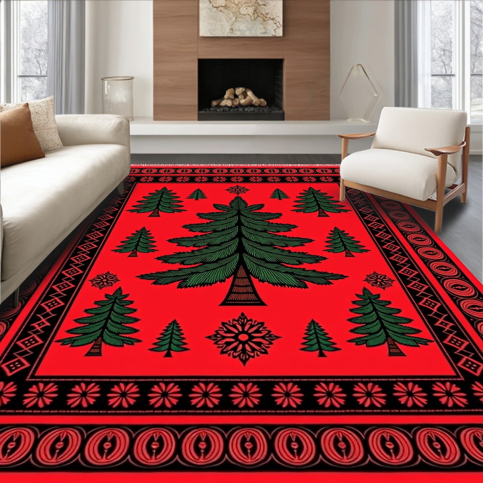 Crimson Red Evergreen Forest Trees Rug