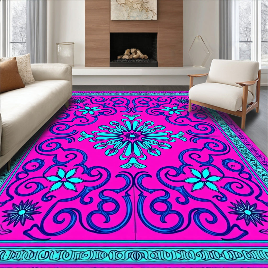 Hot Pink Teal Floral Scroll Rug