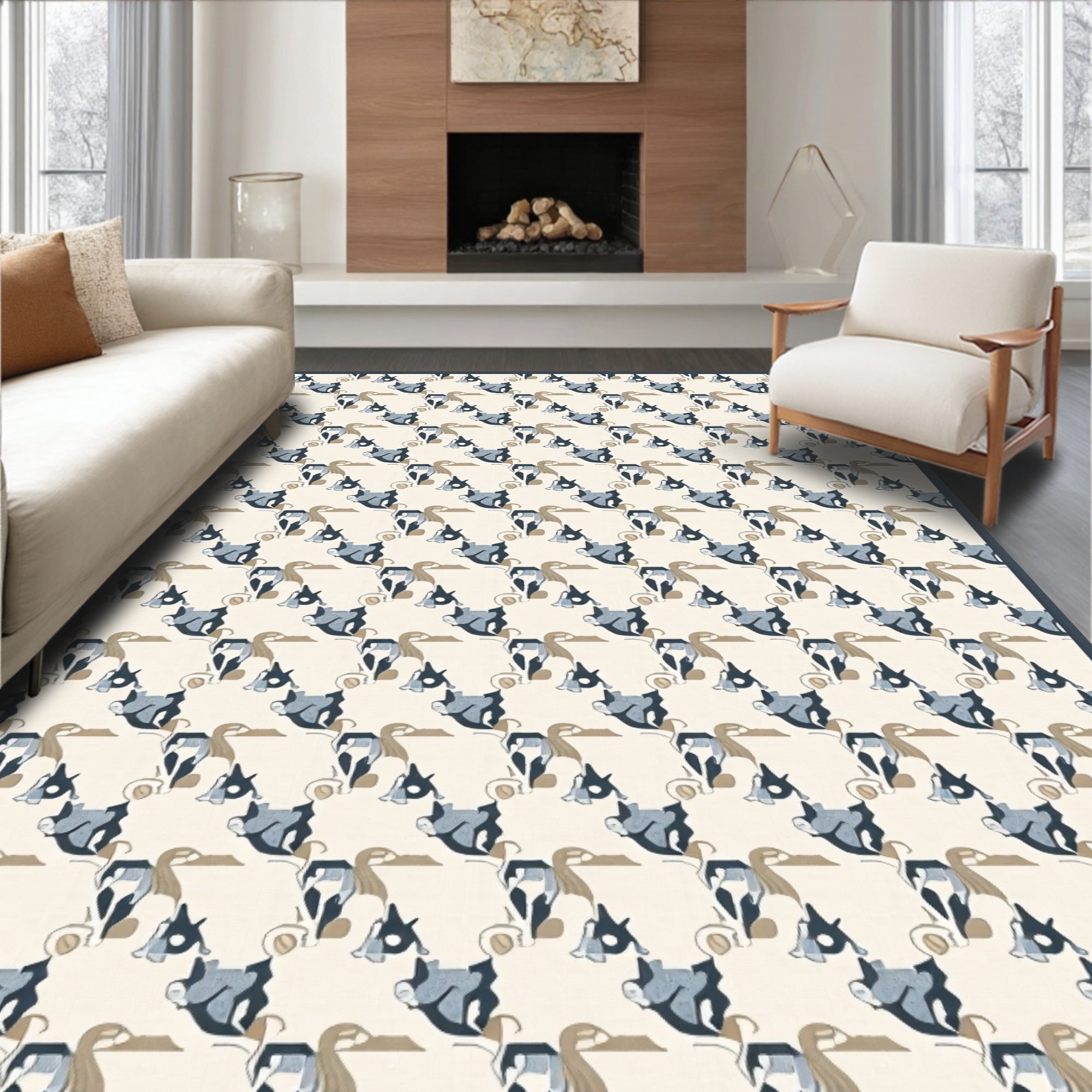 Abstract Geometric Shapes Cream Blue Rug