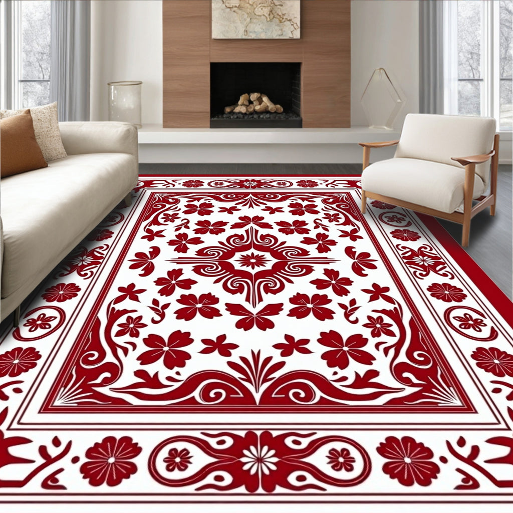 Crimson White Floral Border Medallion Rug